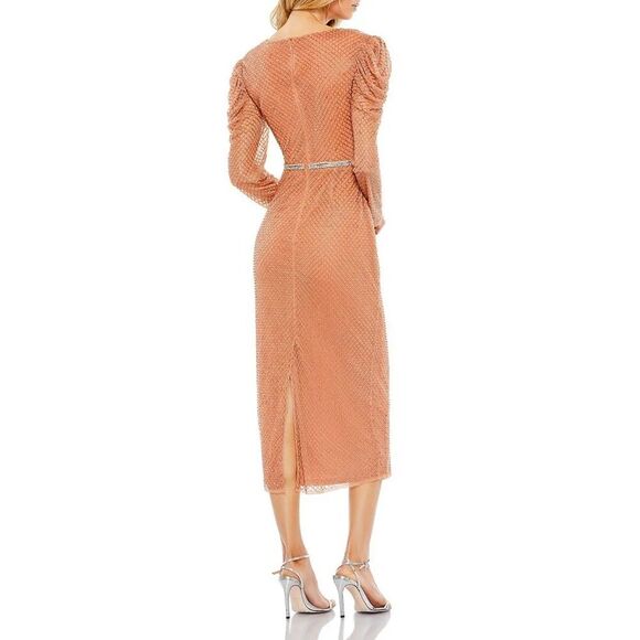 NWT Mac Duggal Beaded Long Puffed Sleeve Surplice V-Neck Midi Dress -  COOPER - Picture 3 of 7